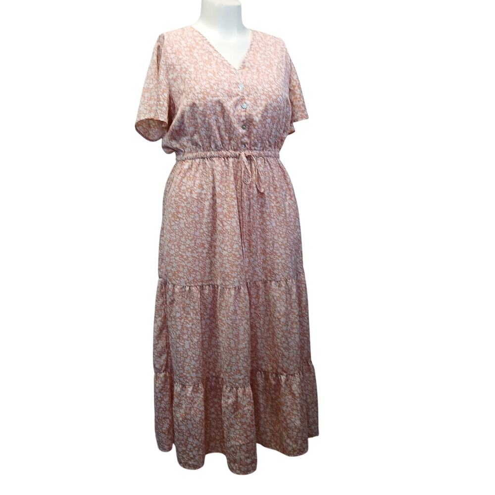 Prettygarden Floral Boho Tiered Midi Dress V Neck Elastic Waist L